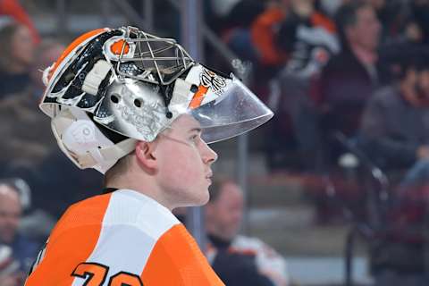 Carter Hart #79 of the Philadelphia Flyers (Photo by Drew Hallowell/Getty Images)