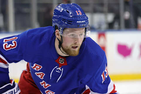 Alexis Lafreniere #13 of the New York Rangers . (Photo by Bruce Bennett/Getty Images)