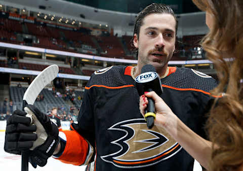 ANAHEIM, CA – NOVEMBER 01: Erik Gudbranson #6 of the Anaheim Ducks talks in an interview in warm-ups prior to the game against the Vancouver Canucks at Honda Center on November 1, 2019 in Anaheim, California. (Photo by Debora Robinson/NHLI via Getty Images)