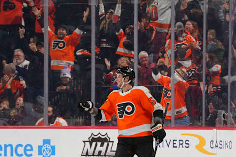 Flyers right wing Tyson Foerster celebrates an empty-net goal. (Photo by Mitchell Leff/Getty Images)