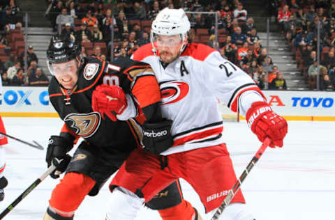 ANAHEIM, CA – DECEMBER 7: Nick Ritchie #37 of the Anaheim Ducks and Justin Faulk #27 of the Carolina Hurricanes battle for position during the game at Honda Center on December 7, 2016, in Anaheim, California. (Photo by Debora Robinson/NHLI via Getty Images) ***Local Caption ***