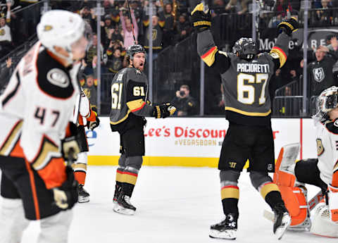 LAS VEGAS, NEVADA – DECEMBER 31: Mark Stone #61 of the Vegas Golden Knights celebrates after scoring a goal during the first period against the Anaheim Ducks at T-Mobile Arena on December 31, 2019 in Las Vegas, Nevada. (Photo by Jeff Bottari/NHLI via Getty Images)