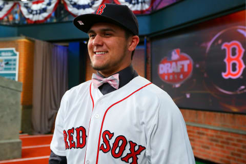 05 JUN 2014: Michael Chavis, SS who was picked 26th by the Boston Red Sox during The 2014 MLB First-Year Player Draft puts his name on the Draft Board at MLB Network in Secaucus NJ. (Photo by Rich Graessle/Icon SMI/Corbis via Getty Images)