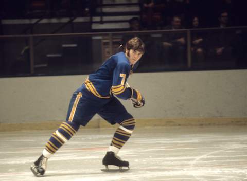 1974: Rick Martin #7 of the Buffalo Sabres skates on the ice during an NHL game circa 1974. (Photo by Melchior DiGiacomo/Getty Images)