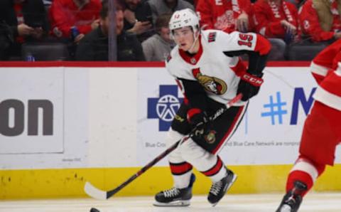 DETROIT, MICHIGAN – JANUARY 10: Drake Batherson #19 of the Ottawa Senators skates against the Detroit Red Wings at Little Caesars Arena on January 10, 2020 in Detroit, Michigan. (Photo by Gregory Shamus/Getty Images)