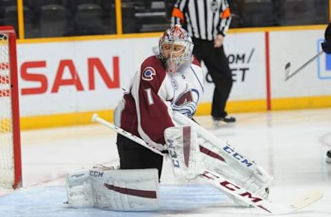 Mar 28, 2016; Nashville, TN, USA; Colorado Avalanche goalie Semyon Varlamov (1) makes a save during the first period against the Nashville Predators at Bridgestone Arena. Mandatory Credit: Christopher Hanewinckel-USA TODAY Sports