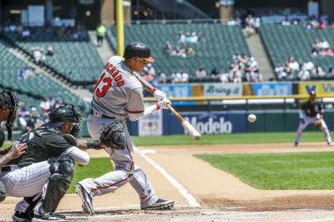 Baltimore Orioles shortstop Manny Machado (13) hits a single during the first inning against the Chicago White Sox on Thursday, May 24, 2018, at Guaranteed Rate Field in Chicago, Ill. (Armando L. Sanchez/Chicago Tribune/TNS via Getty Images)