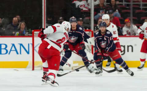 Oct 3, 2022; Raleigh, North Carolina, USA; Carolina Hurricanes defenseman Brent Burns (8) scores a goal against the Columbus Blue Jackets during the second period at PNC Arena. Mandatory Credit: James Guillory-USA TODAY Sports