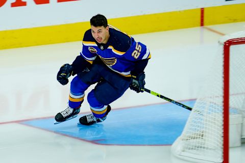 Jordan Kyrou (25) of the St. Louis BluesMandatory Credit: Lucas Peltier-USA TODAY Sports