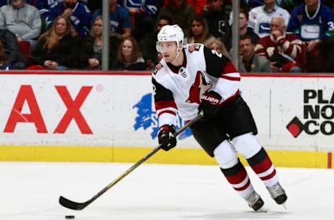 VANCOUVER, BC – APRIL 5: Luke Schenn #2 of the Arizona Coyotes skates up ice during their NHL game against the Vancouver Canucks at Rogers Arena April 5, 2018 in Vancouver, British Columbia, Canada. (Photo by Jeff Vinnick/NHLI via Getty Images)”n