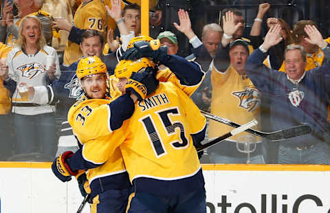 NASHVILLE, TN – APRIL 12: Craig Smith #15 celebrates his goal with Viktor Arvidsson #33 of the Nashville Predators against the Colorado Avalanche in Game One of the Western Conference First Round during the 2018 NHL Stanley Cup Playoffs at Bridgestone Arena on April 12, 2018 in Nashville, Tennessee. (Photo by John Russell/NHLI via Getty Images)