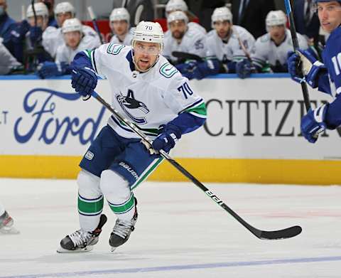 TORONTO,ON – FEBRUARY 8: Tanner Pearson #70 of the Vancouver Canucks skates against the Toronto Maple Leafs  . (Photo by Claus Andersen/Getty Images)