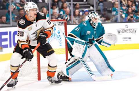 SAN JOSE, CA – OCTOBER 3: Anaheim Ducks left wing Jakob Silfverberg (33) takes position next to San Jose Sharks goaltender Martin Jones (31) during the San Jose Sharks game versus the Anaheim Ducks on October 3, 2018, at SAP Center at San Jose in San Jose, CA. (Photo by Matt Cohen/Icon Sportswire via Getty Images)