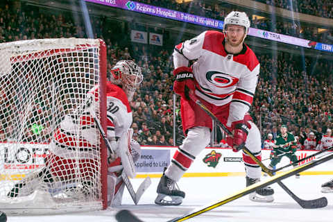 ST. PAUL, MN – MARCH 6: Jaccob Slavin #74 and Cam Ward #30 of the Carolina Hurricanes defend their goal against the Minnesota Wild during the game at the Xcel Energy Center on March 6, 2018 in St. Paul, Minnesota. (Photo by Bruce Kluckhohn/NHLI via Getty Images)