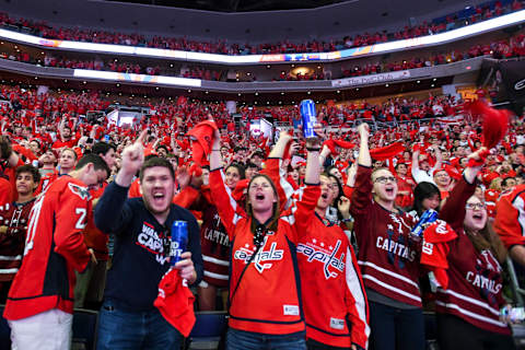 WASHINGTON, DC – JUNE 07: Fans celebrate after a goal by the Washington Capitals on June 7, 2018, at the Capital One Arena in Washington, D.C. in Game 5 of the Stanley Cup Playoffs. The Washington Capitals defeated the Vegas Golden Knights. 4-3 to win the Stanley Cup. (Photo by Mark Goldman/Icon Sportswire via Getty Images)