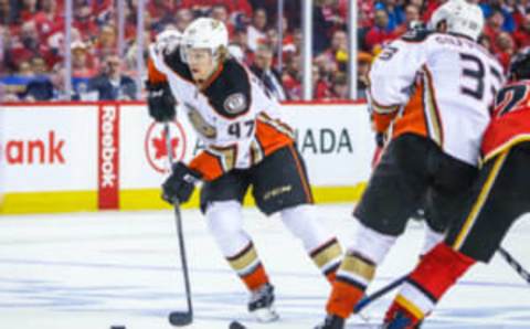 Apr 17, 2017; Calgary, Alberta, CAN; Anaheim Ducks defenseman Hampus Lindholm (47) controls the puck against the Calgary Flames during the third period in game three of the first round of the 2017 Stanley Cup Playoffs at Scotiabank Saddledome. Mandatory Credit: Sergei Belski-USA TODAY Sports