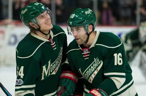 NHL Power Rankings: Minnesota Wild forward Jason Zucker (16) celebrates his goal with forward Mikael Granlund (64) during a game between the Anaheim Ducks and Minnesota Wild at Xcel Energy Center. The Wild defeated the Ducks 5-3. Mandatory Credit: Brace Hemmelgarn-USA TODAY Sports