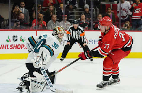 RALEIGH, NC – DECEMBER 05: Andrei Svechnikov #37 of the Carolina Hurricanes shoots the puck and scores in a shoot out against the San Jose Sharks during an NHL game on December 5, 2019 at PNC Arena in Raleigh, North Carolina. (Photo by Gregg Forwerck/NHLI via Getty Images)