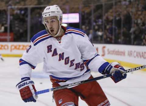 Feb 18, 2016; Toronto, Ontario, CAN; New York Rangers forward Kevin Hayes (13) during the pre game warm up against the Toronto Maple Leafs at the Air Canada Centre. Mandatory Credit: John E. Sokolowski-USA TODAY Sports