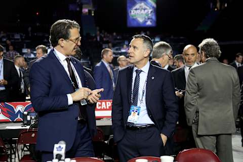 VANCOUVER, BRITISH COLUMBIA – JUNE 22: (L-R) Brendan Shanahan and Laurence Gilman of the Toronto Maple Leafs attend the 2019 NHL Draft at Rogers Arena on June 22, 2019 in Vancouver, Canada. (Photo by Bruce Bennett/Getty Images)