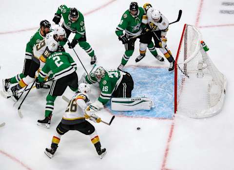 Anton Khudobin #35 of the Dallas Stars tends net against Paul Stastny #26 of the Vegas Golden Knights during the third period in Game Three of the Western Conference Final. (Photo by Bruce Bennett/Getty Images)