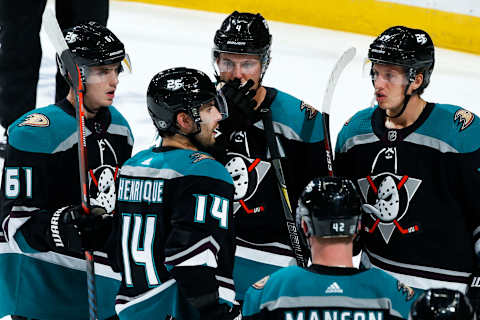 ANAHEIM, CA – OCTOBER 8: Troy Terry #61, Cam Fowler #4, Rickard Rakell #67, Adam Henrique #14, and Josh Manson #42 of the Anaheim Ducks chat before a face-off during the game against the Detroit Red Wings on October 8, 2018, at Honda Center in Anaheim, California. (Photo by Debora Robinson/NHLI via Getty Images)