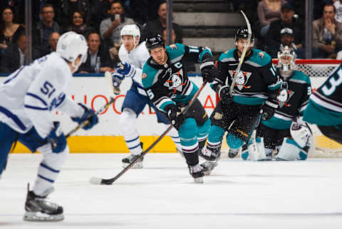 TORONTO, ON – FEBRUARY 4: Ryan Getzlaf #15 of the Anaheim Ducks clears the puck against the Toronto Maple Leafs during the second period at the Scotiabank Arena on February 4, 2019 in Toronto, Ontario, Canada. (Photo by Mark Blinch/NHLI via Getty Images)