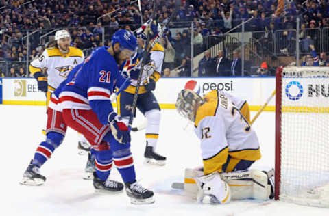 NEW YORK, NEW YORK – MARCH 19: Barclay Goodrow #21 of the New York Rangers celebrates a goal against the Nashville Predators at Madison Square Garden on March 19, 2023, in New York City. (Photo by Bruce Bennett/Getty Images)