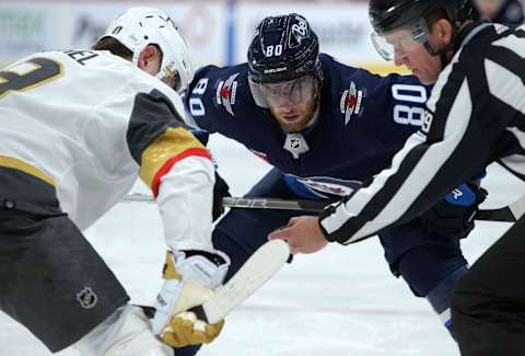 WINNIPEG, CANADA – APRIL 24: Pierre-Luc Dubois #80 of the Winnipeg Jets prepares to face off against Jack Eichel #9 of the Vegas Golden Knights in the second period of Game Four of the First Round of the 2023 Stanley Cup Playoffs on April 24, 2023 at Canada Life Centre in Winnipeg, Manitoba, Canada. (Photo by Jason Halstead/Getty Images)