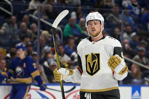 BUFFALO, NEW YORK – NOVEMBER 10: Jack Eichel #9 of the Vegas Golden Knights during the first period of an NHL hockey game against the Buffalo Sabres at KeyBank Center on November 10, 2022 in Buffalo, New York. (Photo by Joshua Bessex/Getty Images)