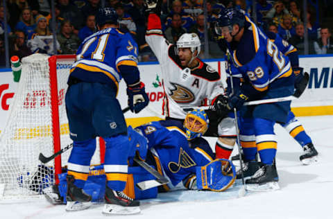 ST. LOUIS, MO – DECEMBER 14: Andrew Cogliano #7 of the Anaheim Ducks celebrates after scoring a goal against Jake Allen #34 of the St. Louis Blues at Scottrade Center on December 14, 2017, in St. Louis, Missouri. (Photo by Dilip Vishwanat/NHLI via Getty Images)