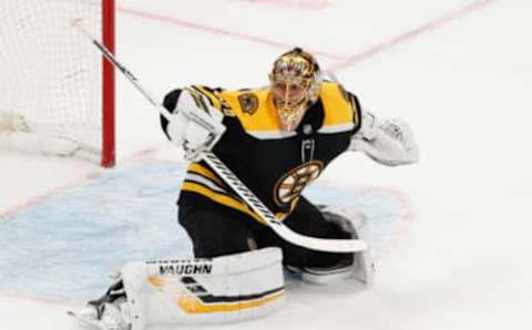 Mar 3, 2021; Boston, Massachusetts, USA; Boston Bruins goaltender Tuukka Rask (40) during the third period against the Washington Capitals at TD Garden. Mandatory Credit: Winslow Townson-USA TODAY Sports