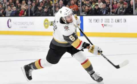 LAS VEGAS, NV – FEBRUARY 19: Colin Miller #6 of the Vegas Golden Knights shoots the puck against the Anaheim Ducks during the game at T-Mobile Arena on February 19, 2018, in Las Vegas, Nevada. (Photo by Jeff Bottari/NHLI via Getty Images)