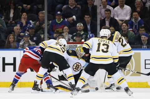 NEW YORK, NEW YORK – JANUARY 19: Jeremy Swayman #1 of the Boston Bruins skates against the New York Rangers at Madison Square Garden on January 19, 2023, in New York City. The Bruins defeated the Rangers 3-1. (Photo by Bruce Bennett/Getty Images)