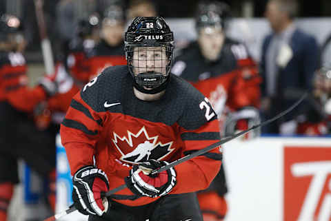 VICTORIA , BC – DECEMBER 21: Alexis Lafreniere #22 of Team Canada skates versus Team Slovakia at the IIHF World Junior Championships at the Save-on-Foods Memorial Centre on December 21, 2018 in Victoria, British Columbia, Canada. (Photo by Kevin Light/Getty Images)