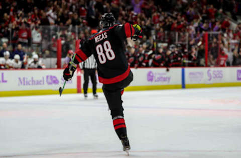 RALEIGH, NC – NOVEMBER 23: Carolina Hurricanes Right Wing Martin Necas (88) celebrates a goal during an NHL game between the Florida Panthers and the Carolina Hurricanes on November 23, 2019 at the PNC Arena in Raleigh, NC. (Photo by John McCreary/Icon Sportswire via Getty Images)