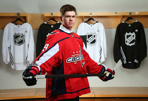 VANCOUVER, BRITISH COLUMBIA – JUNE 21: Connor McMichael, 25th overall pick of the Washington Capitals, poses for a portrait during the first round of the 2019 NHL Draft at Rogers Arena on June 21, 2019 in Vancouver, Canada. (Photo by Andre Ringuette/NHLI via Getty Images)