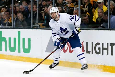 BOSTON, MA – APRIL 12: Toronto Maple Leafs defenseman Roman Polak (46) holds the puck during Game 1 of the First Round for the 2018 Stanley Cup Playoffs between the Boston Bruins and the Toronto Maple Leafs on April 12, 2018, at TD Garden in Boston, Massachusetts. The Bruins defeated the Maple Leafs 5-1. (Photo by Fred Kfoury III/Icon Sportswire via Getty Images)