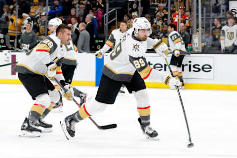 BOSTON, MA – JANUARY 21: Vegas Golden Knights right wing Alex Tuch (89) shoots in warm up before a game between the Boston Bruins and the Vegas Golden Knights on January 21, 2020, at TD Garden in Boston, Massachusetts. (Photo by Fred Kfoury III/Icon Sportswire via Getty Images)