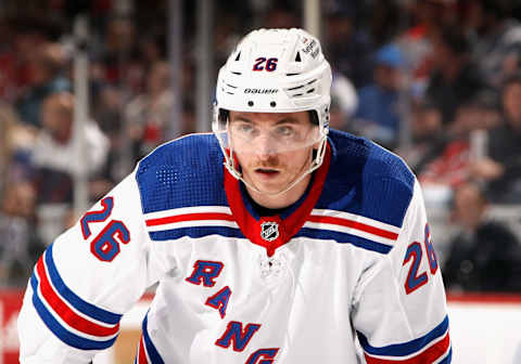 NEWARK, NEW JERSEY – APRIL 18: Jimmy Vesey, #26 of the New York Rangers, skates against the New Jersey Devils during Game One in the First Round of the 2023 Stanley Cup Playoffs at the Prudential Center on April 18, 2023, in Newark, New Jersey. (Photo by Bruce Bennett/Getty Images)