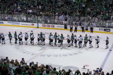 May 11, 2016; Dallas, TX, USA; The Dallas Stars and the St. Louis Blues line up for the ceremonial handshakes after game seven of the second round of the 2016 Stanley Cup Playoffs at American Airlines Center. The Blues won 6-1. Mandatory Credit: Jerome Miron-USA TODAY Sports