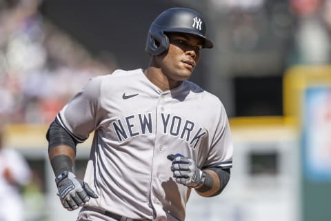 Apr 12, 2023; Cleveland, Ohio, USA; New York Yankees left fielder Franchy Cordero (33) rounds the bases after hitting a home run during the seventh inning against the Cleveland Guardians at Progressive Field. Mandatory Credit: Ken Blaze-USA TODAY Sports