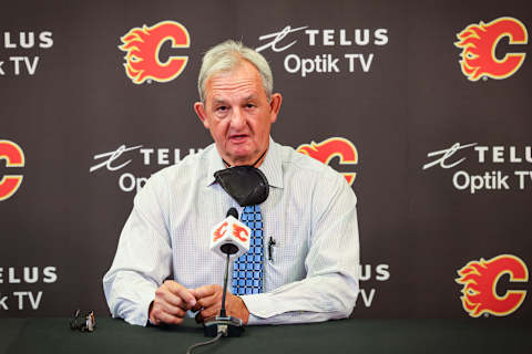 Sep 26, 2021; Calgary, Alberta, CAN; Calgary Flames head coach Darryl Sutter during an interview after the game against the Edmonton Oilers at Scotiabank Saddledome. Mandatory Credit: Sergei Belski-USA TODAY Sports