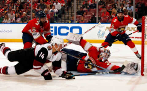 SUNRISE, FL – MARCH 24: Goaltender James Reimer #34 of the Florida Panthers defends the net against Richard Panik #14 of the Arizona Coyotes at the BB&T Center on March 24, 2018 in Sunrise, Florida. (Photo by Eliot J. Schechter/NHLI via Getty Images) *** Local Caption ***James Reimer;Richard Panik