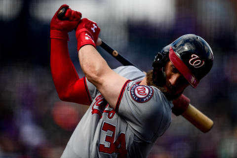 DENVER, CO – SEPTEMBER 30: Bryce Harper #34 of the Washington Nationals warms up in the on deck circle before a game against the Colorado Rockies at Coors Field on September 30, 2018 in Denver, Colorado. (Photo by Dustin Bradford/Getty Images)