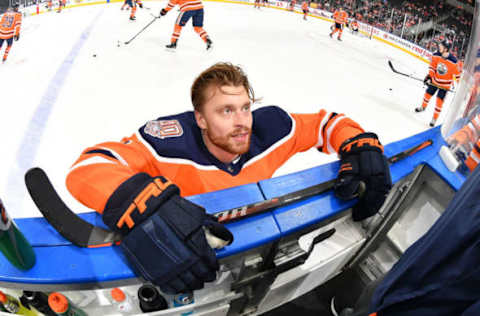 EDMONTON, AB – DECEMBER 22: Adam Larsson #6 of the Edmonton Oilers warms up prior to the game against the Tampa Bay Lightning on December 22, 2018 at Rogers Place in Edmonton, Alberta, Canada. (Photo by Andy Devlin/NHLI via Getty Images)