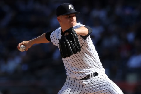 Apr 1, 2023; Bronx, New York, USA; New York Yankees starting pitcher Clarke Schmidt (36) pitches against the San Francisco Giants during the first inning at Yankee Stadium. Mandatory Credit: Brad Penner-USA TODAY Sports