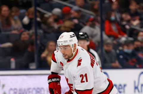 COLUMBUS, OH – OCTOBER 23: Nino Niederreiter #21 of the Carolina Hurricanes controls the puck during the game against the Columbus Blue Jackets at Nationwide Arena on October 23, 2021, in Columbus, Ohio. (Photo by Kirk Irwin/Getty Images)