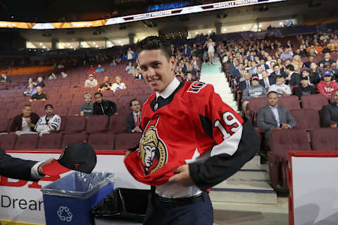 Shane Pinto after being selected 32nd overall by the Ottawa Senators (Photo by Bruce Bennett/Getty Images)