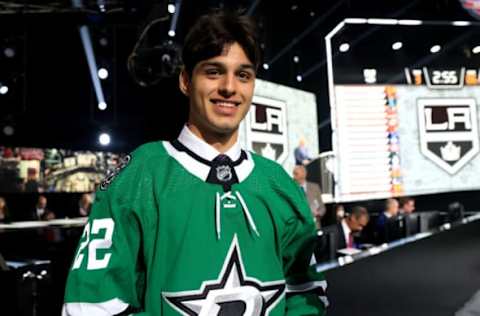 MONTREAL, QUEBEC – JULY 08: George Fegaras is selected by the Dallas Stars during Round Three of the 2022 Upper Deck NHL Draft at Bell Centre on July 08, 2022 in Montreal, Quebec, Canada. (Photo by Bruce Bennett/Getty Images)